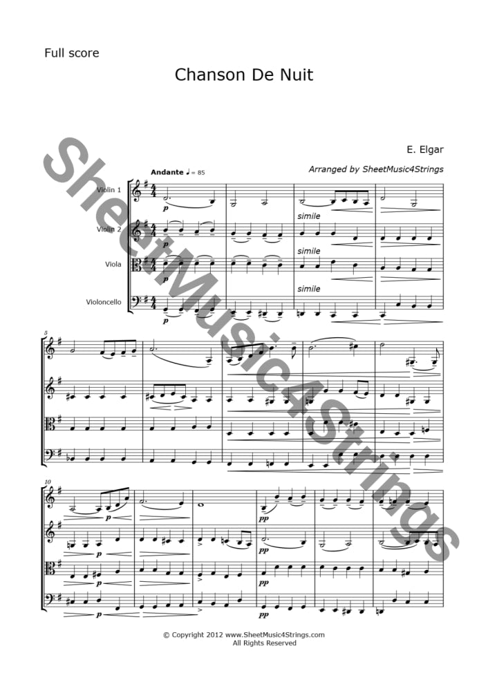 Elgar E. - Chanson De Nuit (String Quartet) Sheet Music