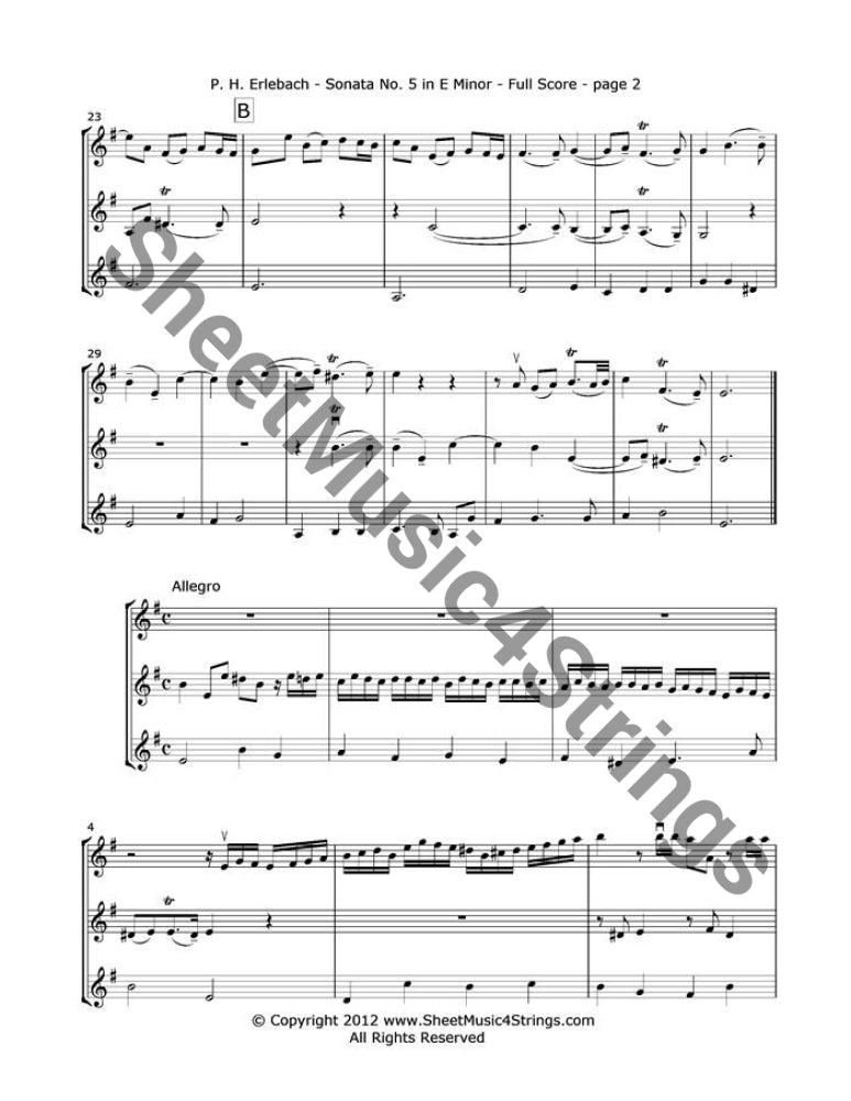 Erlebach P. - Sonata No. 5 In E Minor Mvts. 1 2 (3 Violins) Trios