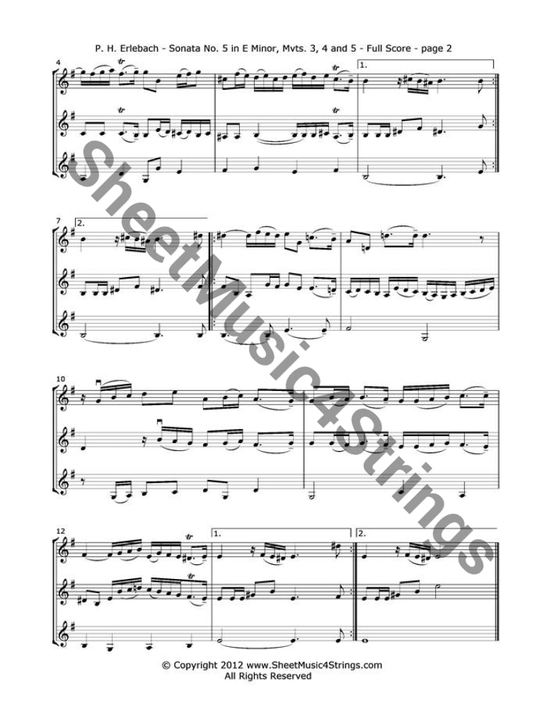 Erlebach P. - Sonata No. 5 In E Minor Mvts. 3 4 (3 Violins) Trios