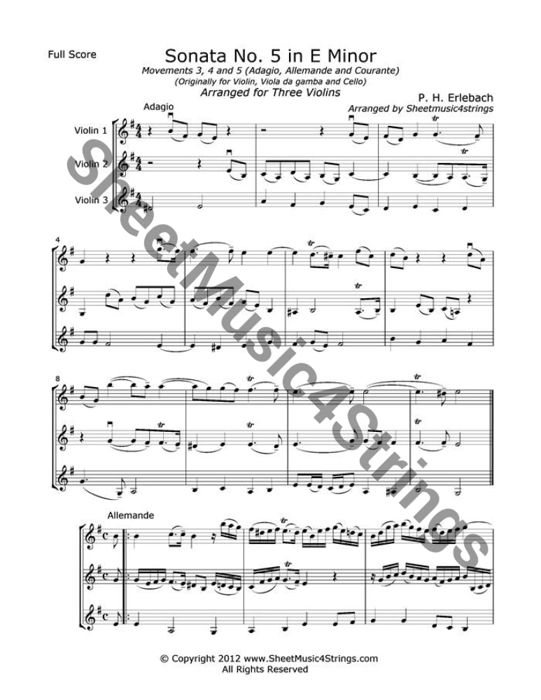 Erlebach P. - Sonata No. 5 In E Minor Mvts. 3 4 (3 Violins) Trios