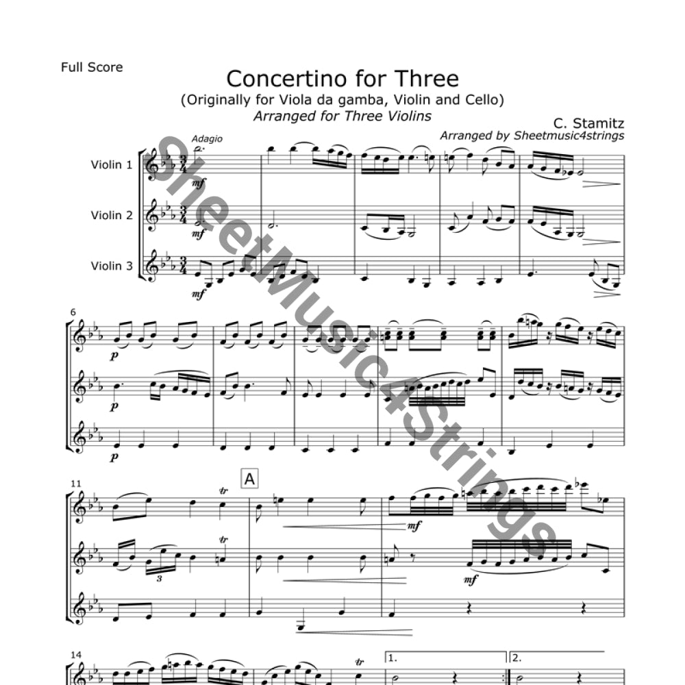 Sheet music for Concertino for Three by Carl Stamitz.