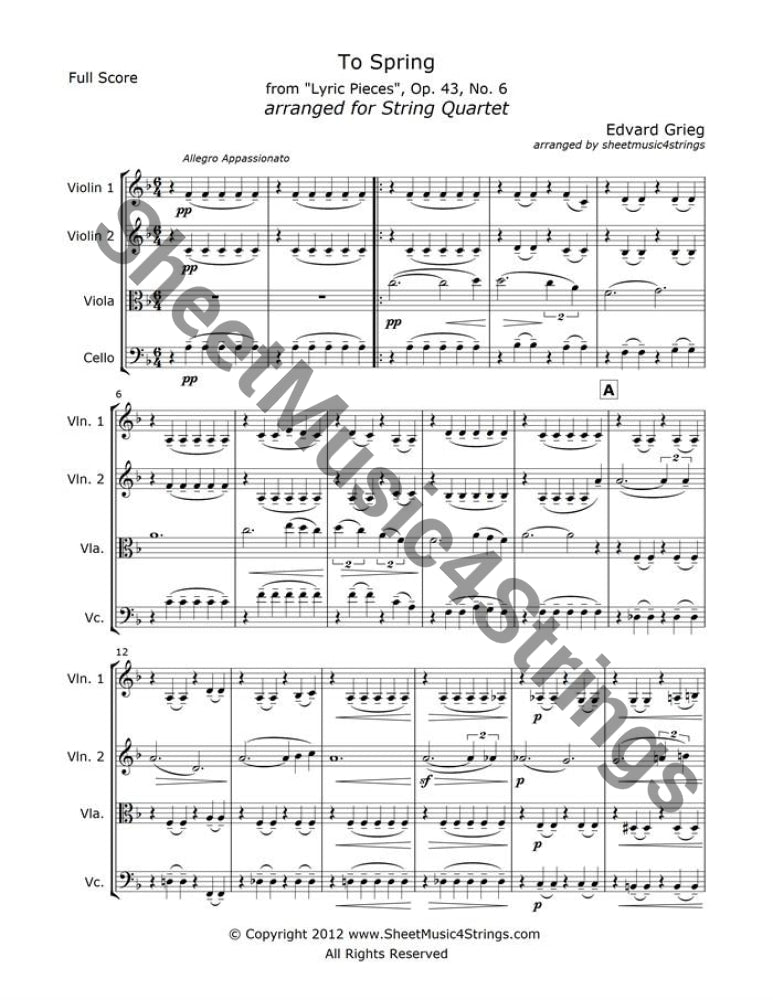 Sheet music for To Spring by Edvard Grieg, arranged for string quartet.