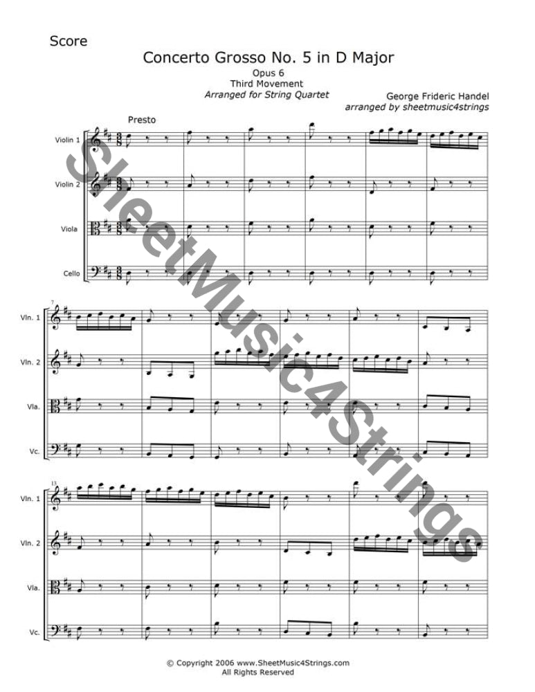 Third movement of Handel’s Concerto Grosso No. 5 in D Major, Op. 6 sheet music