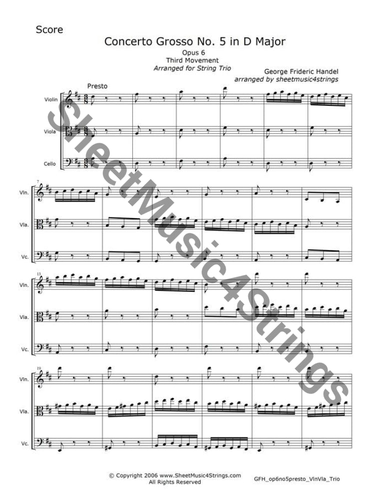 Handel Concerto Grosso No. 5 sheet music for vlnvlacello