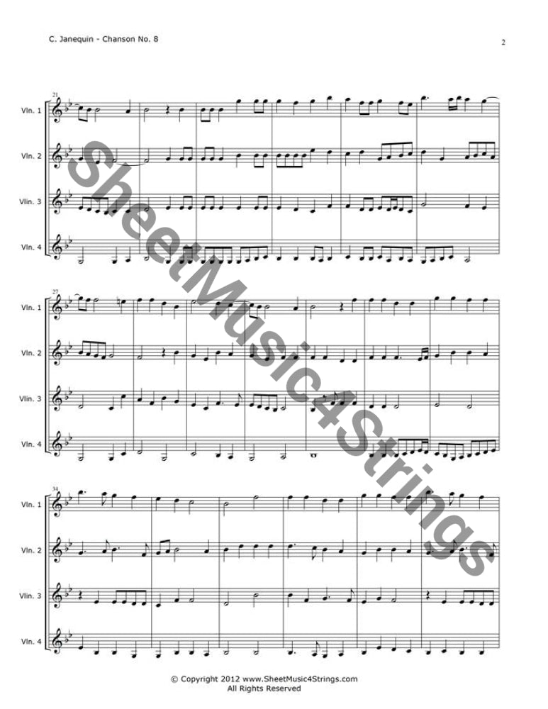 Janequin C. - Chanson No. 8 (4 Violins) - Quartets