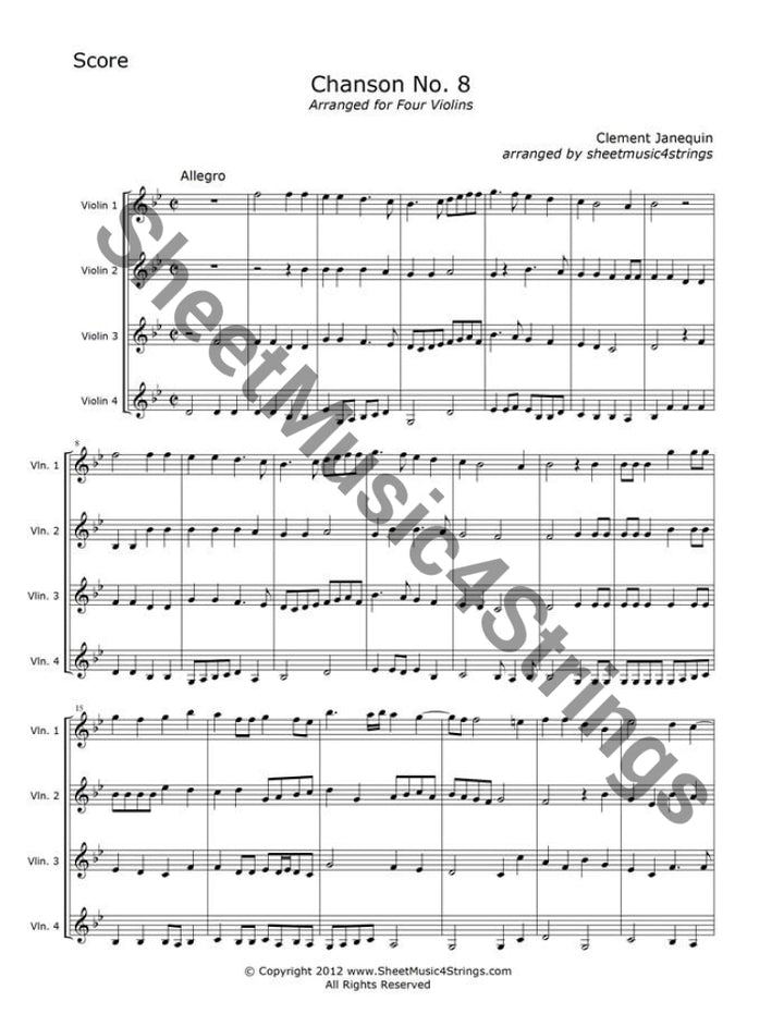 Janequin Chanson No. 8 sheet music for violin quartet