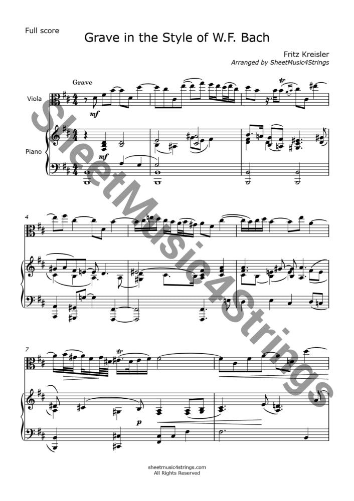 Kreisler F. - Grave In The Style Of W.f. Bach (Arranged For Viola And Piano) Piano