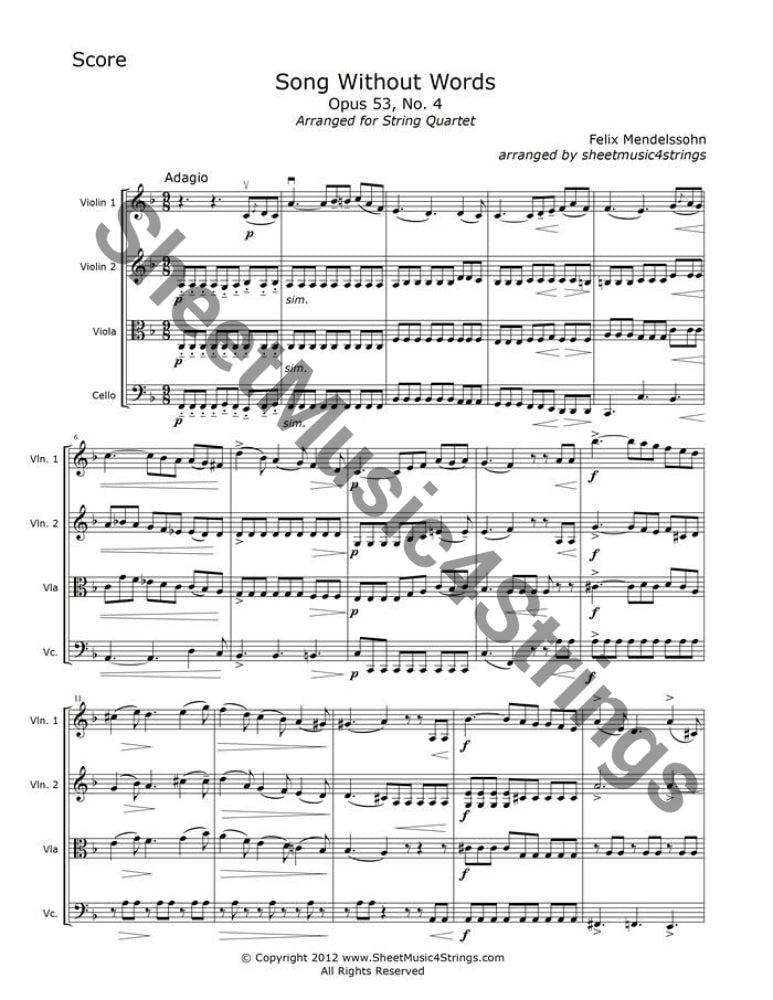 Sheet music for Mendelssohn’s Song, arranged for string quartet.