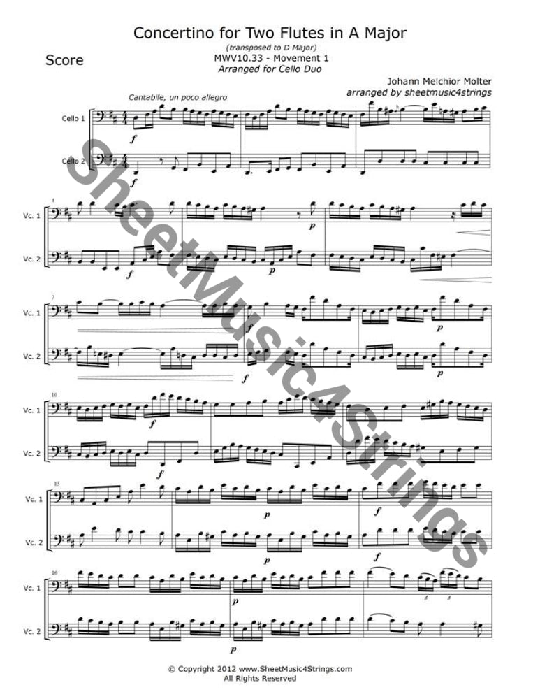 Molter, J. - Concertino in A Major, MWV 10.33, Mvt. 1 (Cello Duo)Johann Melchior Molter (1696-1765) was a German violinist and composer in the Baroque period. Molter wrote many works for orchestra, several choral works and, among Molter, J.