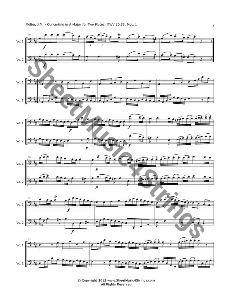 Molter, J. - Concertino in A Major, MWV 10.33, Mvt. 1 (Cello Duo)Johann Melchior Molter (1696-1765) was a German violinist and composer in the Baroque period. Molter wrote many works for orchestra, several choral works and, among Molter, J.