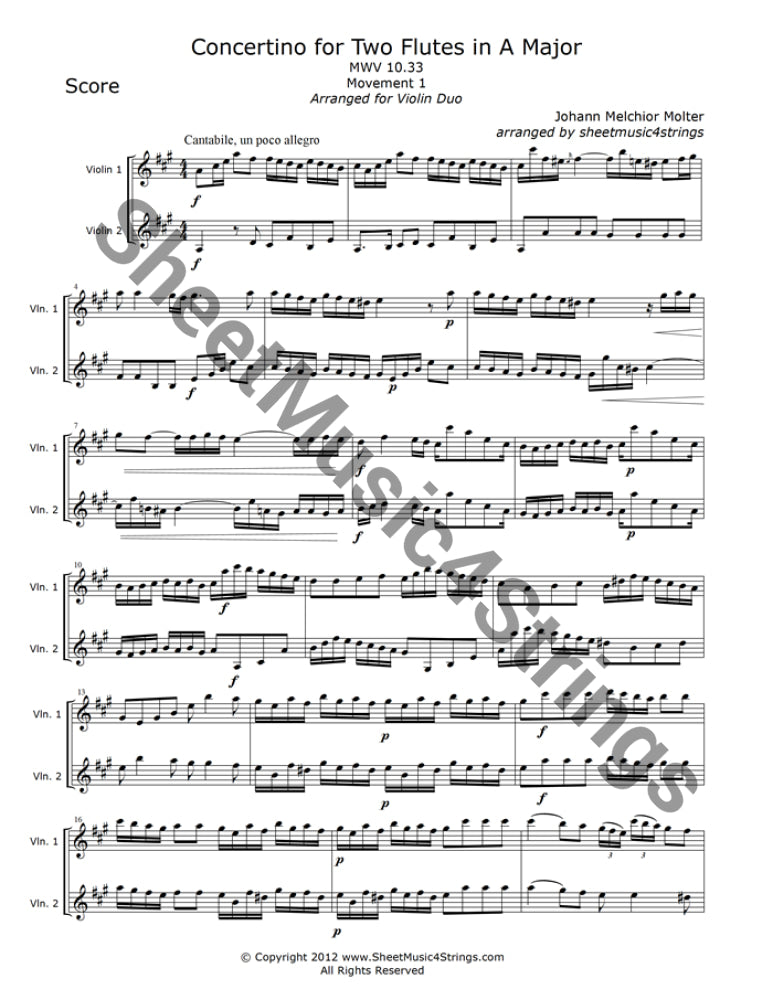 Sheet music for Molter’s Concertino in A Major, arranged for violin duo.