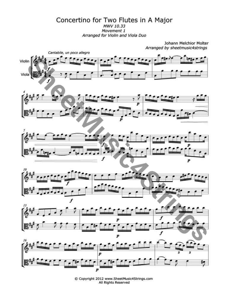 Sheet music of Molter Concertino in A Major, violin & viola duet