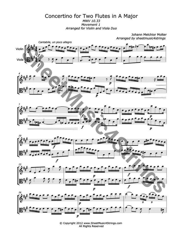 Sheet music of Molter Concertino in A Major, violin & viola duet