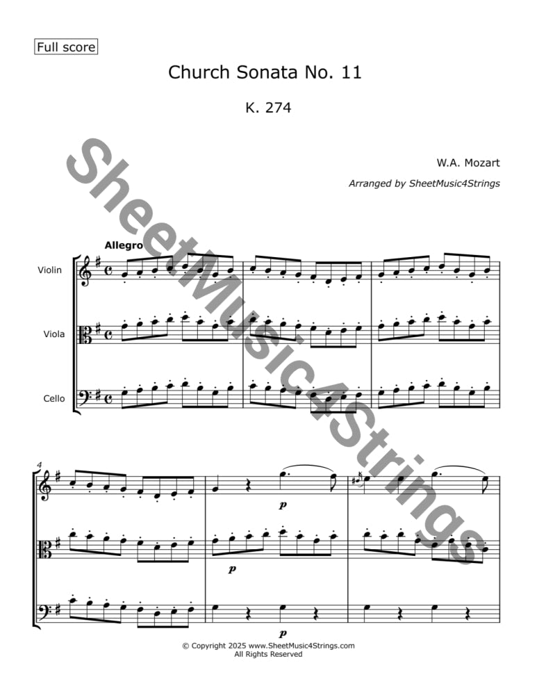 Mozart W.A. - Church Sonata No. 11 K. 274 (Violin Viola and Cello) (Copy) Trios