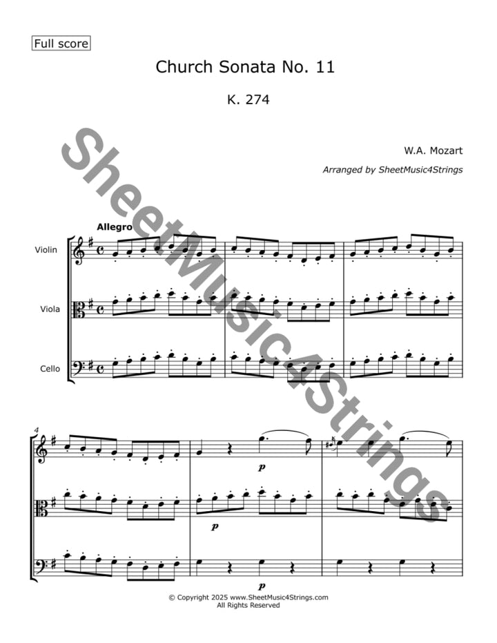 Mozart W.A. - Church Sonata No. 11 K. 274 (Violin Viola and Cello) (Copy) Trios