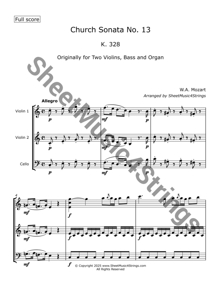 Mozart W.A. - Church Sonata No.13 K. 328 Arranged for Two Violins and Cello Trios