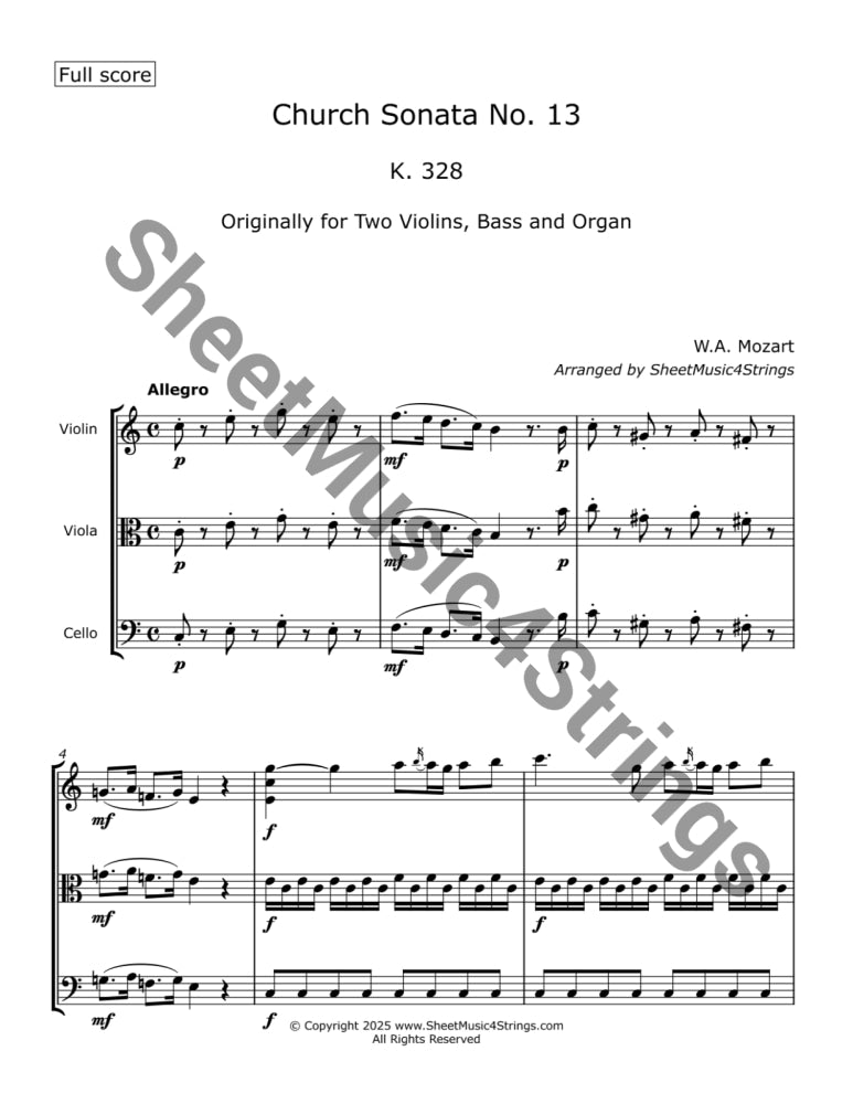 Mozart W.A. - Church Sonata No.13 K. 328 (Violin Viola and Cello) Trios