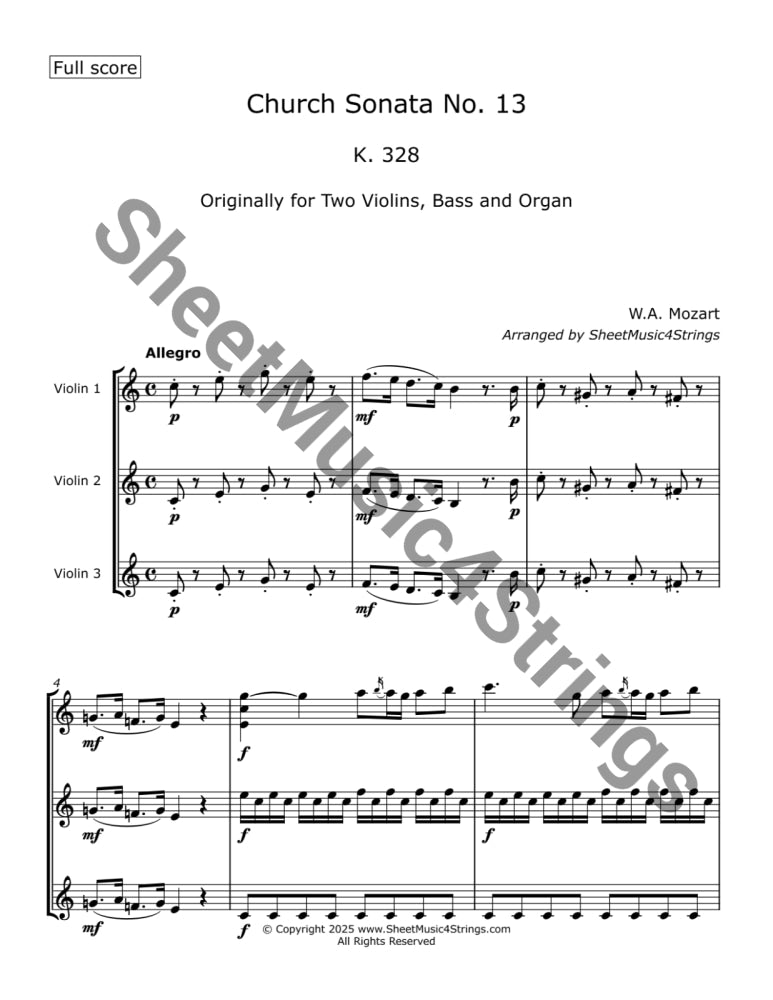 Mozart W.A. - Church Sonata No. 13 K. 328 (Three Violins) Trios