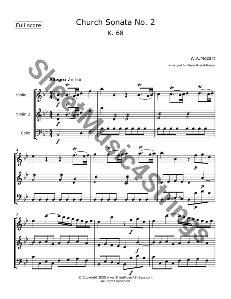 Mozart W.A. - Church Sonata No. 2 K. 68 Arranged for Two Violins and Cello Trios