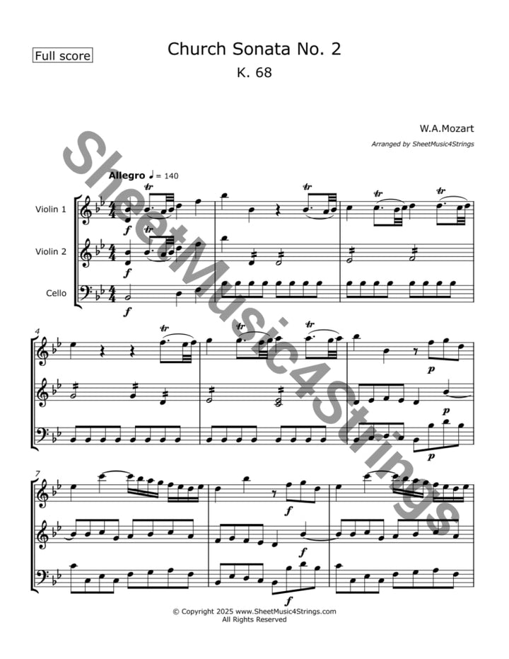 Mozart W.A. - Church Sonata No. 2 K. 68 Arranged for Two Violins and Cello Trios