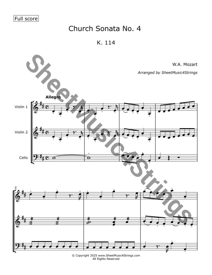 Mozart W.A. - Church Sonata No. 4 K. 114 Arranged for Two Violins and Cello Trios