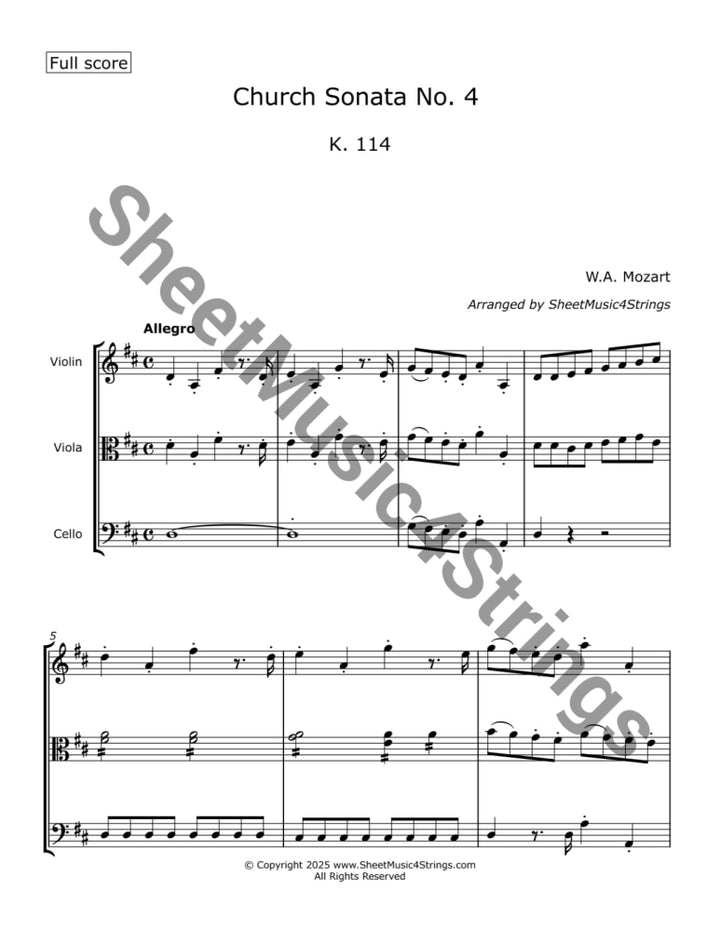 Mozart W.A. - Church Sonata No. 4 K. 114 (Violin Viola and Cello) Trios