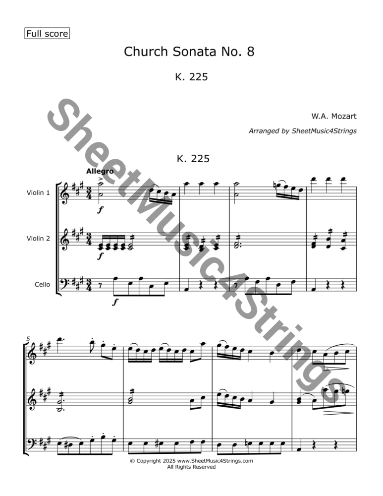 Mozart W.A. - Church Sonata No. 8 K. 225 Arranged for Two Violins and Cello Trios