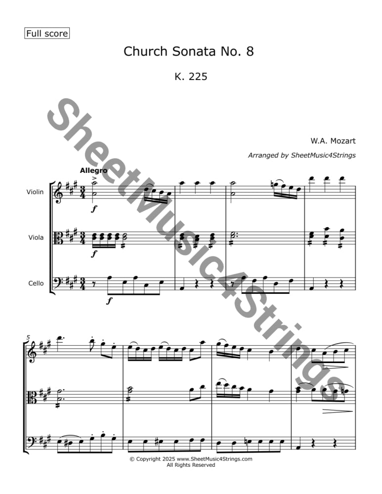 Mozart W.A. - Church Sonata No. 8 K. 225 (Violin Viola and Cello) Trios