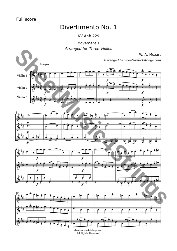 Mozart W.A. - Divertimento No. 1 K. 229 (3 Violins) Trios