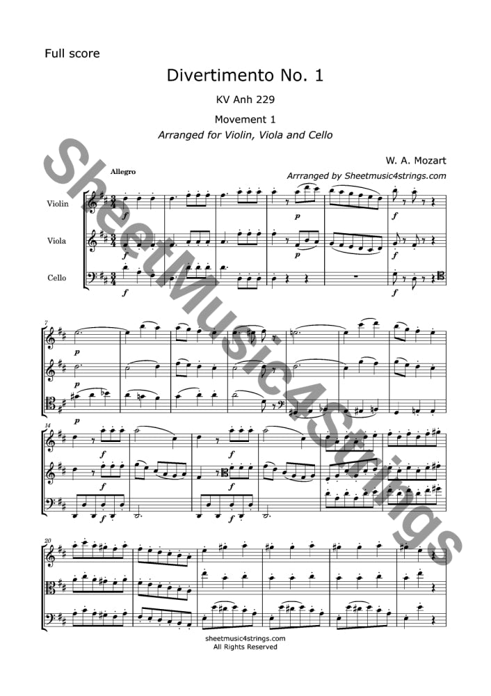Mozart W.A. - Divertimento No. 1 K. 229 (Violin Viola and Cello) - Trios