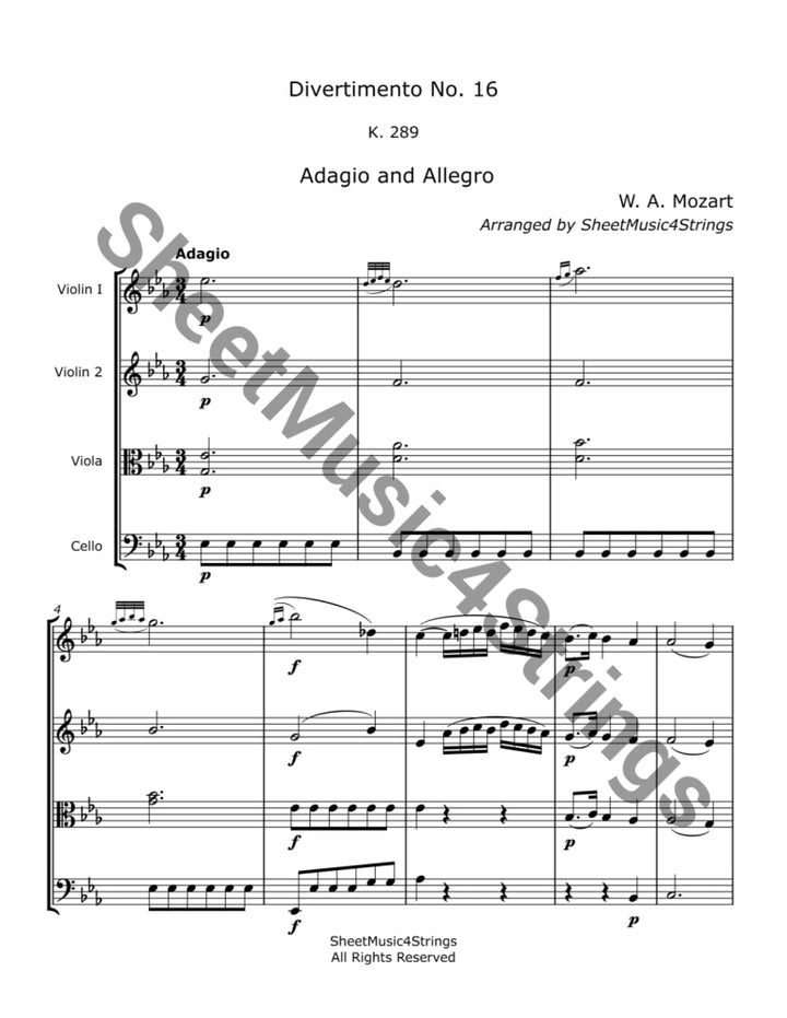 Mozart W.A. Divertimento No. 16 K. 289 (String Quartet) Sheet Music