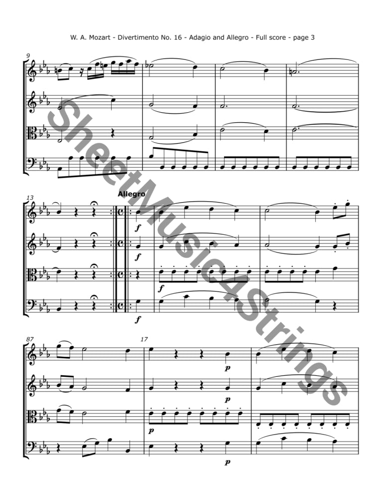 Mozart W.A. Divertimento No. 16 K. 289 (String Quartet) Sheet Music