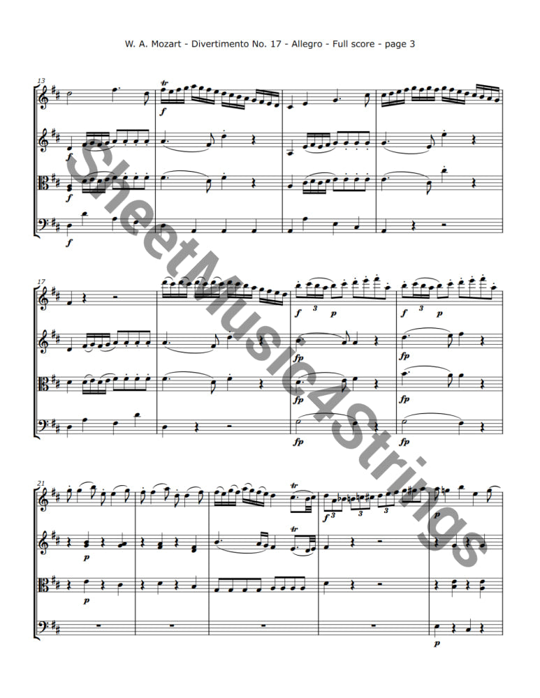 Mozart W.A. Divertimento No. 17 In D K. 334 (String Quartet) Sheet Music