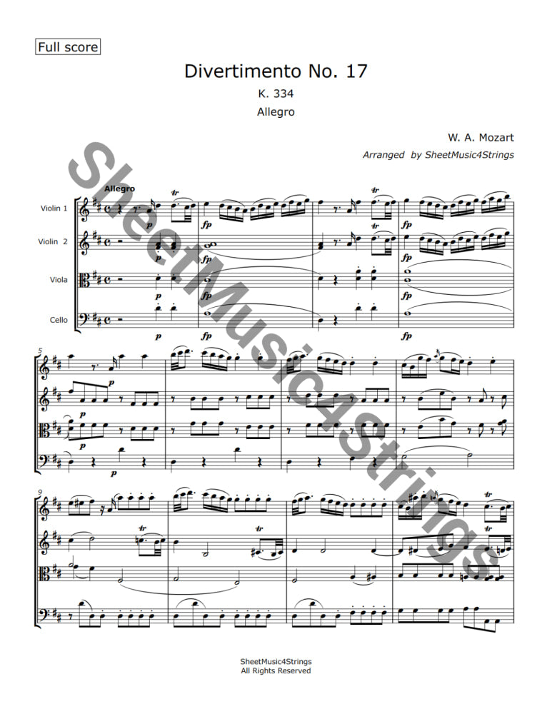 Mozart W.A. Divertimento No. 17 In D K. 334 (String Quartet) Sheet Music