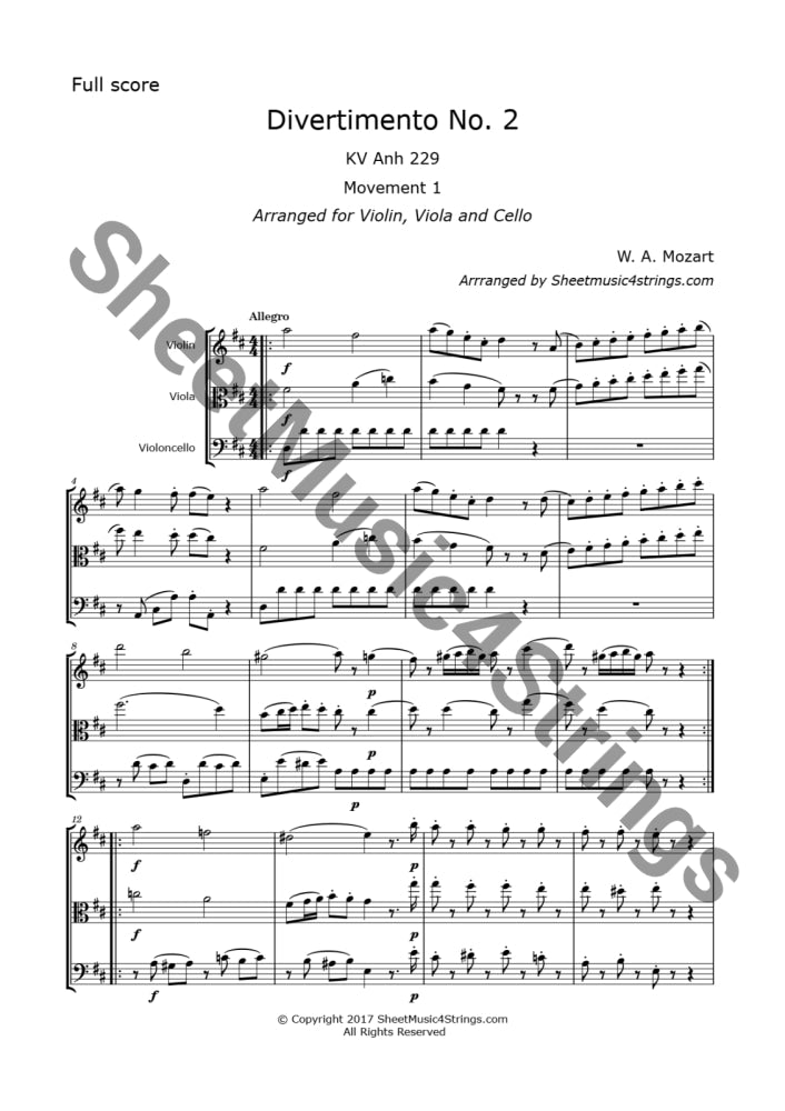 Mozart W.a. - Divertimento No. 2 K. 229 (Violin Viola And Cello) Trios