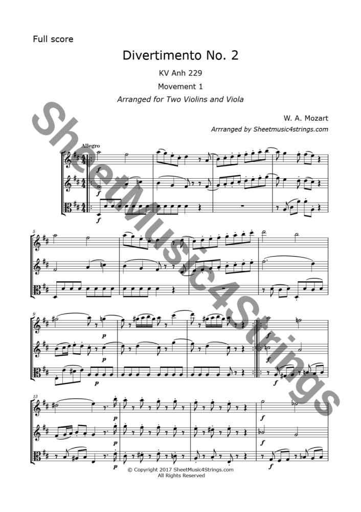 Mozart W.a. - Divertimento No. 2 K. 229 (2 Violins And Viola) Trios