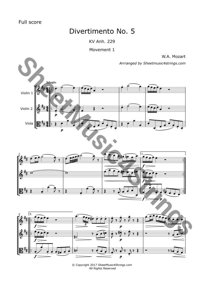 Mozart Divertimento No. 5, KV Anh. 229, Movement 1 sheet music