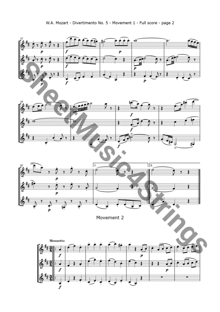 Mozart W.a. - Divertimento No. 5 K. 229 (3 Violins) Trios