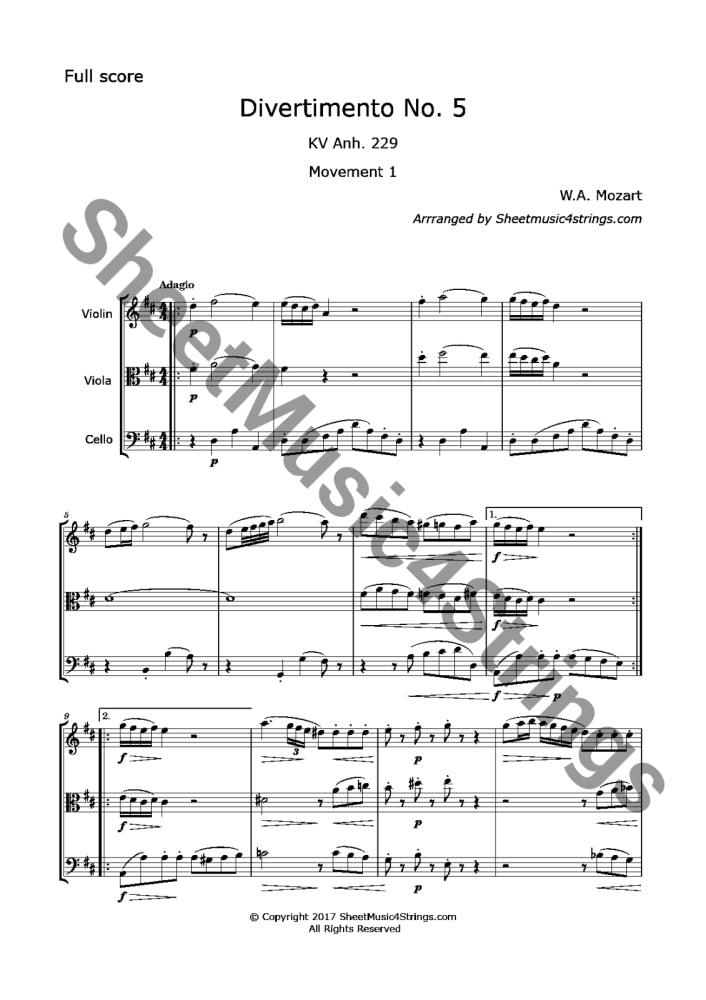 Mozart W.a. - Divertimento No. 5 K. 229 (Violin Viola And Cello) Trios