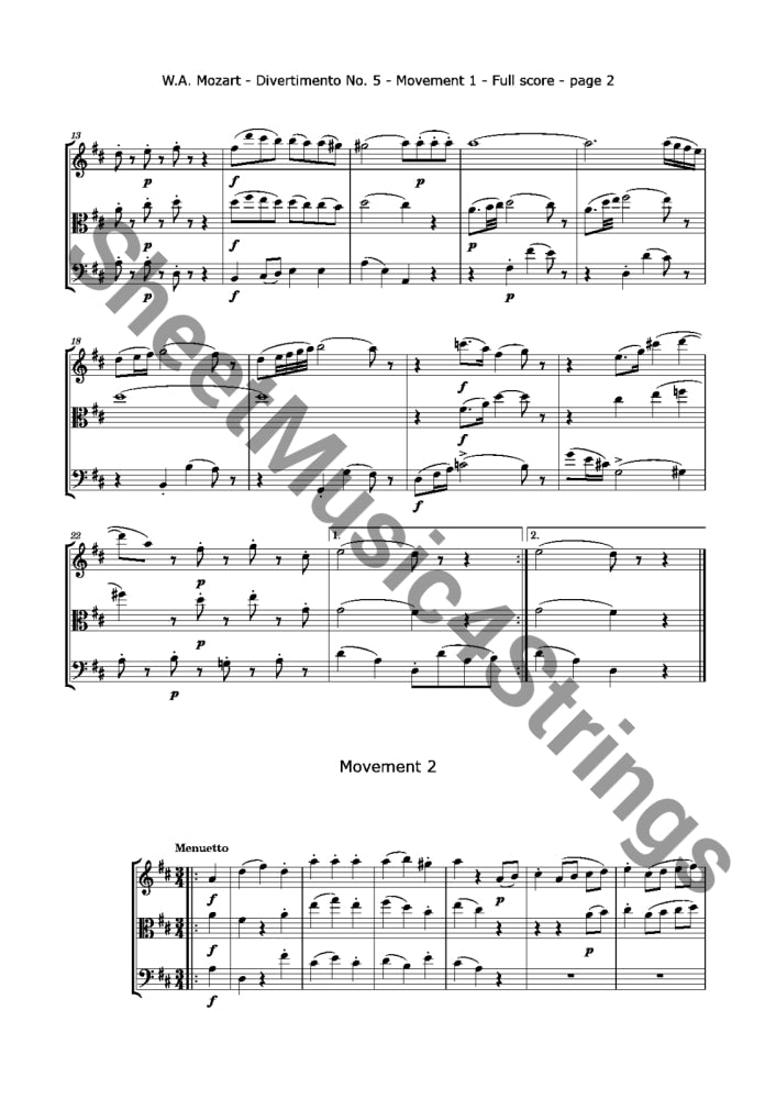 Mozart W.a. - Divertimento No. 5 K. 229 (Violin Viola And Cello) Trios