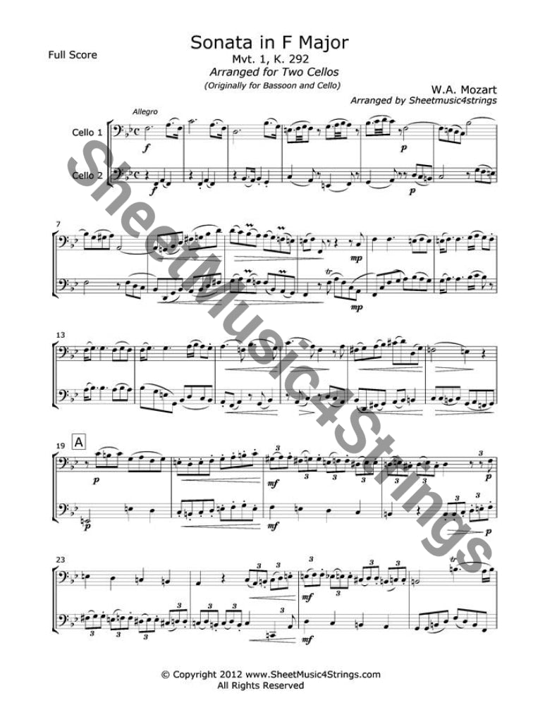 Mozart W.a. - Sonata In F Major Mvt. 1 (Two Cellos) Duos
