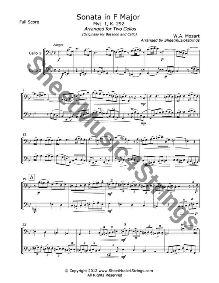 Mozart W.a. - Sonata In F Major Mvt. 1 (Two Cellos) Duos