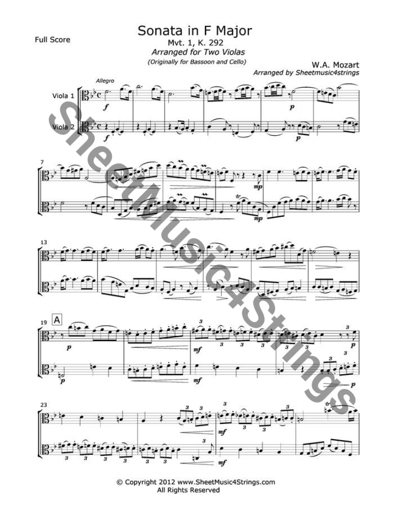 Mozart W.a. - Sonata In F Major Mvt. 1 (Two Violas) Duos