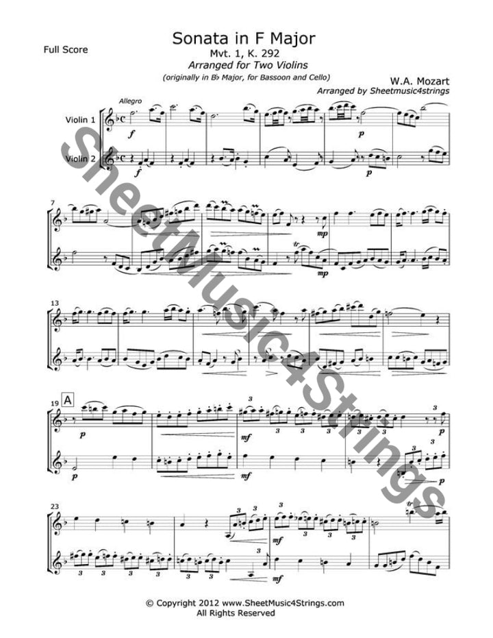 Mozart W.a. - Sonata In F Major Mvt. 1 (Two Violins) Duos