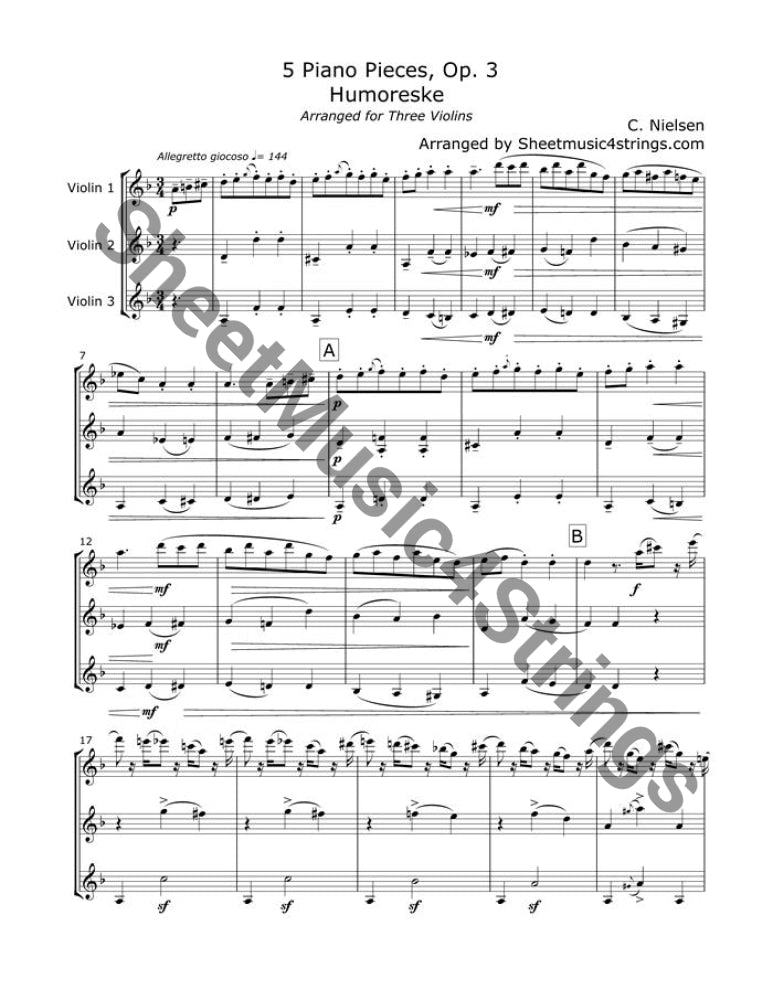 Nielsen ‘Humoreske,’ Op. 3, Movement 2 sheet music for three violins