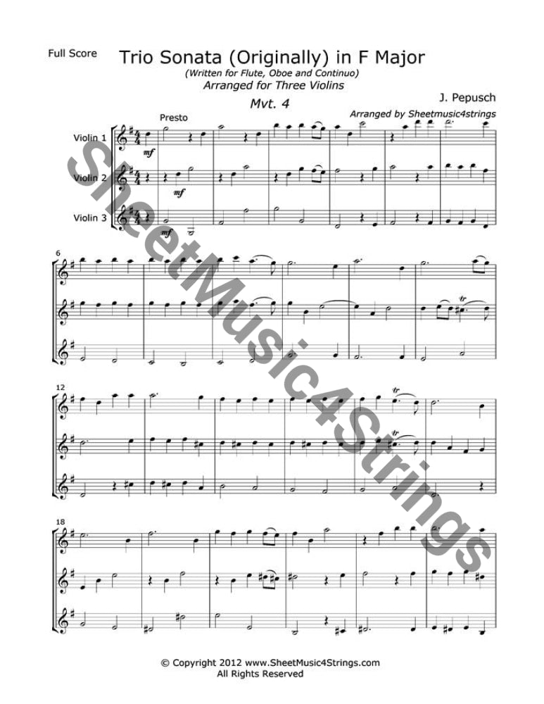 Pepusch J. - Trio Sonata In F Major Mvt. 4 (Three Violins) Trios