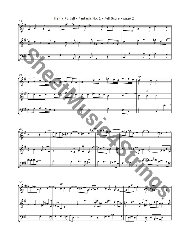 Sheet music of Henry Purcell's Fantasia No. 1 arranged for two violins and cello trio with musical notation.
