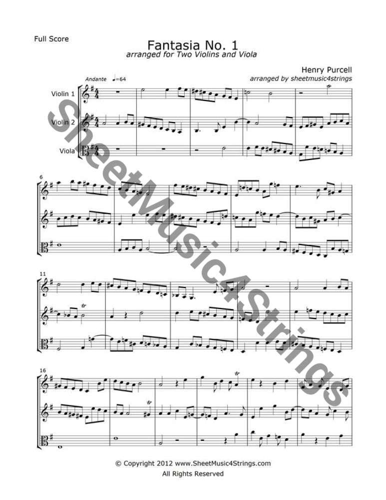Purcell, H. -  Fantasia No. 1 (2 Violins and Viola Trio)Henry Purcell (1659 ( 1695), was an English composer. Purcell's legacy was a uniquely English form of Baroque music. He is generally considered to be one of the greaPurcell, H.