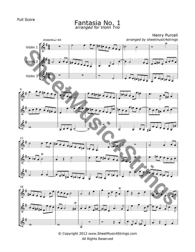 Purcell Fantasia No. 1 sheet music for three violins baroque trio arrangement