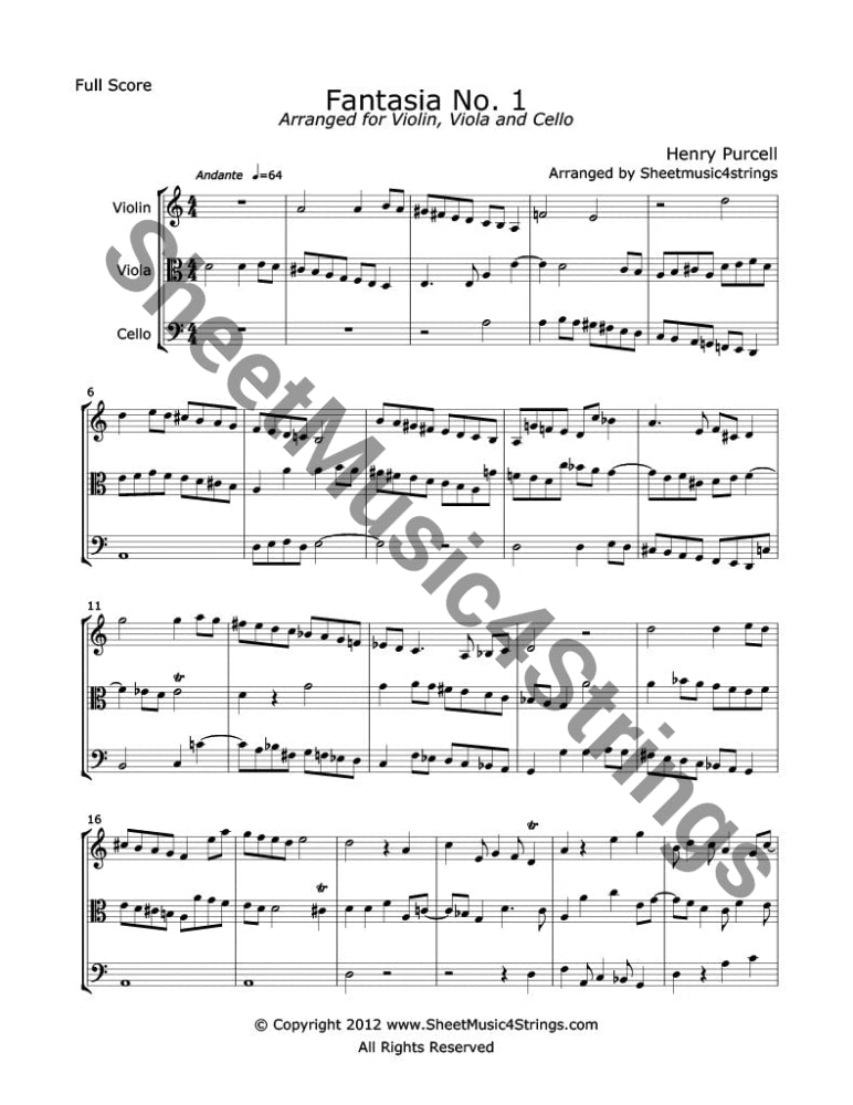 ull score of Fantasia No. 1 by Henry Purcell for string trio